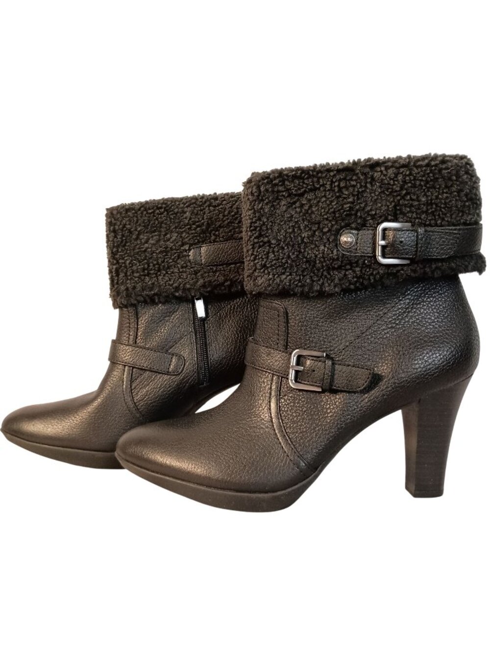 Anne Klein AK Akandre Womens 9.5 Black Leather Boots Faux Fur Shearling Cuff New